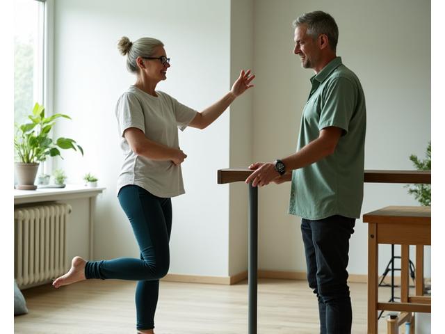 Starsza kobieta uśmiecha się, wykonując delikatne ćwiczenia równowagi pod okiem trenera, symbolizując test sprawności dla osób 50+.