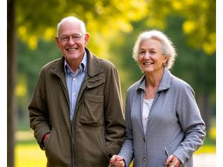 Dwoje seniorów spaceruje szybkim tempem w parku, uśmiechając się, w tle zielone drzewa, symbolizując cardio o niskiej intensywności.