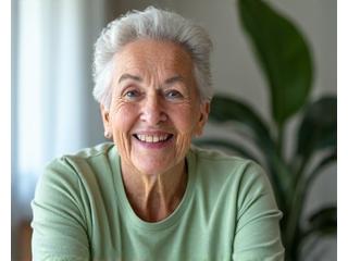 Uśmiechnięta starsza kobieta podnosi lekkie hantle, demonstrując trening siłowy przyjazny dla seniorów.