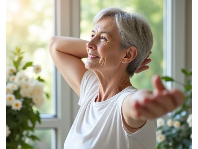 Starsza kobieta delikatnie rozciąga rękę, uśmiechając się, z widokiem na spokojny ogród w tle.