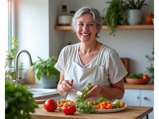 Uśmiechnięta starsza kobieta przygotowuje zdrowy posiłek z warzywami i świeżymi ziołami w nowoczesnej kuchni.