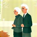 Ikonka dwóch osób spacerujących z psem w parku, symbolizująca lokalne grupy spacerowe.