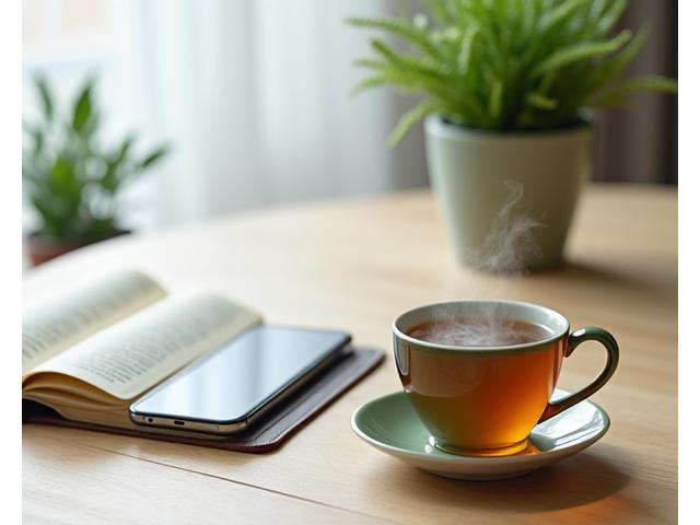 Osoba odkładająca smartfon na drewniany stół wśród zielonych roślin