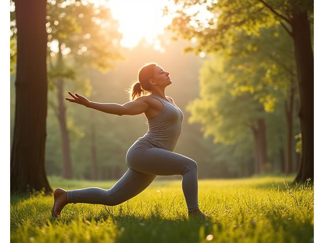 Osoba ćwicząca jogę na świeżym powietrzu w lesie mazowieckim, symbolizująca ekologiczny fitness.