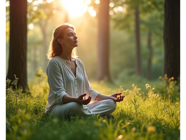 Kobieta medytująca w otoczeniu zieleni i natury, symbolizująca harmonię człowieka z środowiskiem.