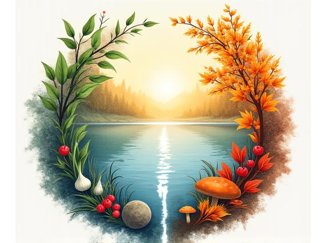 Symboliczny kalendarz z wizerunkami czterech pór roku w Polsce, połączonymi z naturalnymi produktami i aktywnościami.