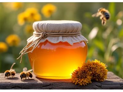 Słoik świeżego, mazowieckiego miodu obok ula, symbolizujący lokalne produkty pszczele.