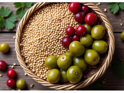 Kosz pełen lokalnych polskich superfoods: kaszy gryczanej, kiszonych ogórków i owoców leśnych.