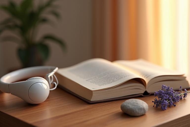 Słuchawki leżące obok otwartej książki z kwiatami lawendy, na tle rozmytego wnętrza, symbolizujące relaks i introspekcję.