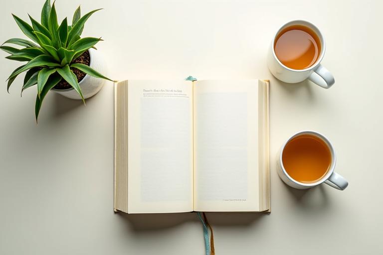 Otwarta książka o zdrowiu psychicznym położona obok rośliny doniczkowej i filiżanki herbaty, symbolizująca nauka, spokój i samorozwój.