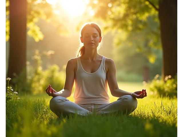 Spokojna kobieta medytująca w pozycji lotosu na tle rozmytego, zielonego ogrodu, symbolizującego naturę i wewnętrzny spokój.