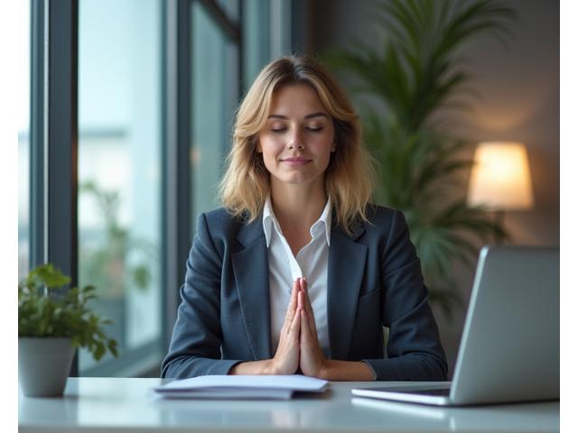 Młoda kobieta w biurowym otoczeniu, wykonująca dyskretne ćwiczenia oddechowe przy biurku, symbolizujące spokój i uważność w pracy.