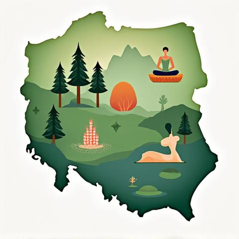 Mapa Polski z ikonami symbolizującymi różne aspekty wellness: zioła, jeziora, góry, zdrowa żywność.