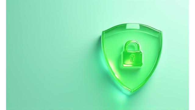 Grafika przedstawiająca ikonę tarczy z kłódką symbolizującą ochronę danych