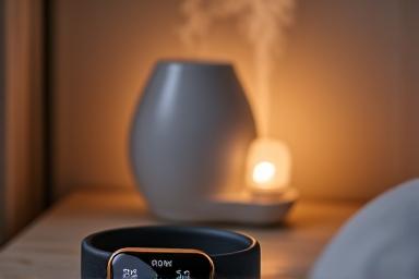 Inteligentny zegarek śledzący sen na nadgarstku osoby śpiącej, obok delikatnego dyfuzora olejków eterycznych.