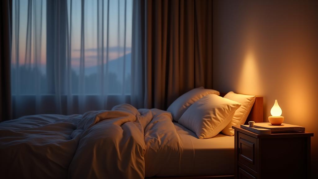 Spokojna sypialnia z czystą pościelą, przygaszonym światłem, aromatyczną świecą i otwartą książką, symbolizująca idealne środowisko do odpoczynku.