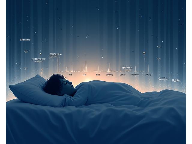 Dynamiczna infografika przedstawiająca fazy snu (REM, NREM) z falami mózgowymi i godzinnym harmonogramem nad spokojną, śpiącą postacią.