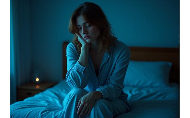 Zamyślona kobieta w średnim wieku trzymająca się za głowę, symbolizująca bezsenność i problemy ze snem, w tle rozmazana sypialnia o półmroku.