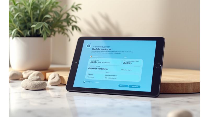 Interaktywny panel testu snu na tablecie, z wyświetlonymi pytaniami i suwakami do oceny, otoczony elementami natury symbolizującymi spokój.