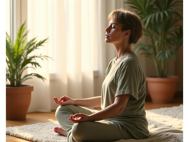 Kobieta medytująca w spokojnym otoczeniu, symbolizująca mindfulness.