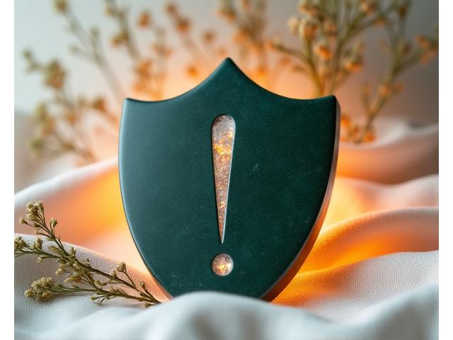 Symbol tarczy lub znaku ostrzegawczego otoczonego naturalnymi elementami, podkreślającego ważne zastrzeżenia prawne i zdrowotne.