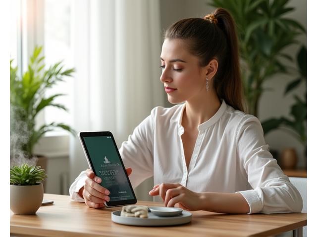 Kobieta czytająca na tablecie o zdrowiu w otoczeniu naturalnych roślin i minerałów, symbolizująca zakres platformy wellness Głębia Minerałów.